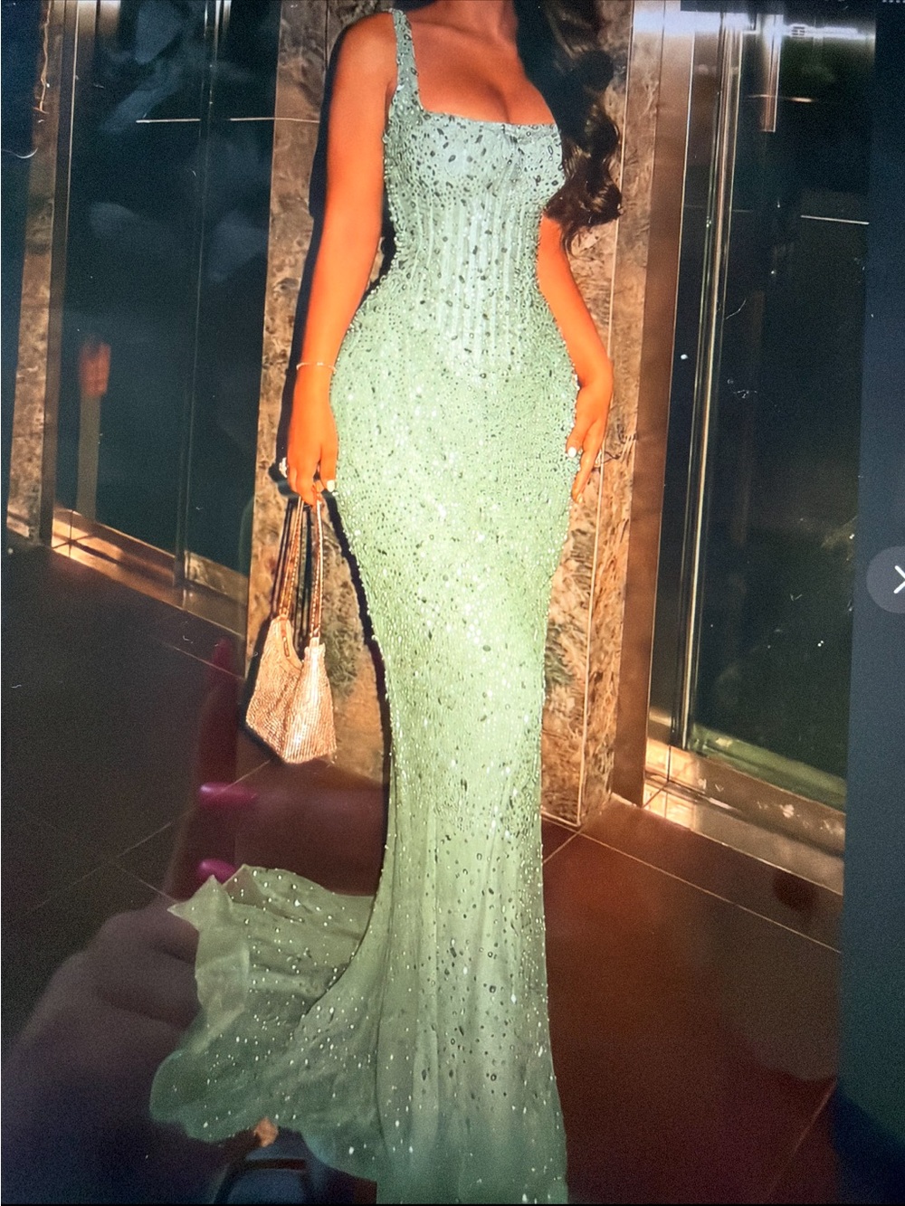 Mint Beaded Mermaid Prom Dress with Square Neck
